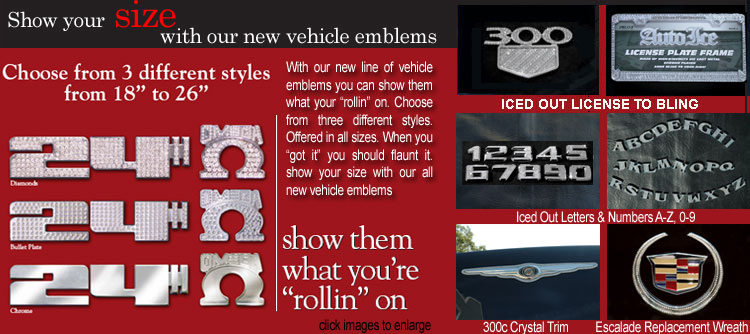 Stunning Diamond Crystals New Chrome Wheels Accesories, 300C Rear Ice Wing, Cadillac Iced Out Leaf